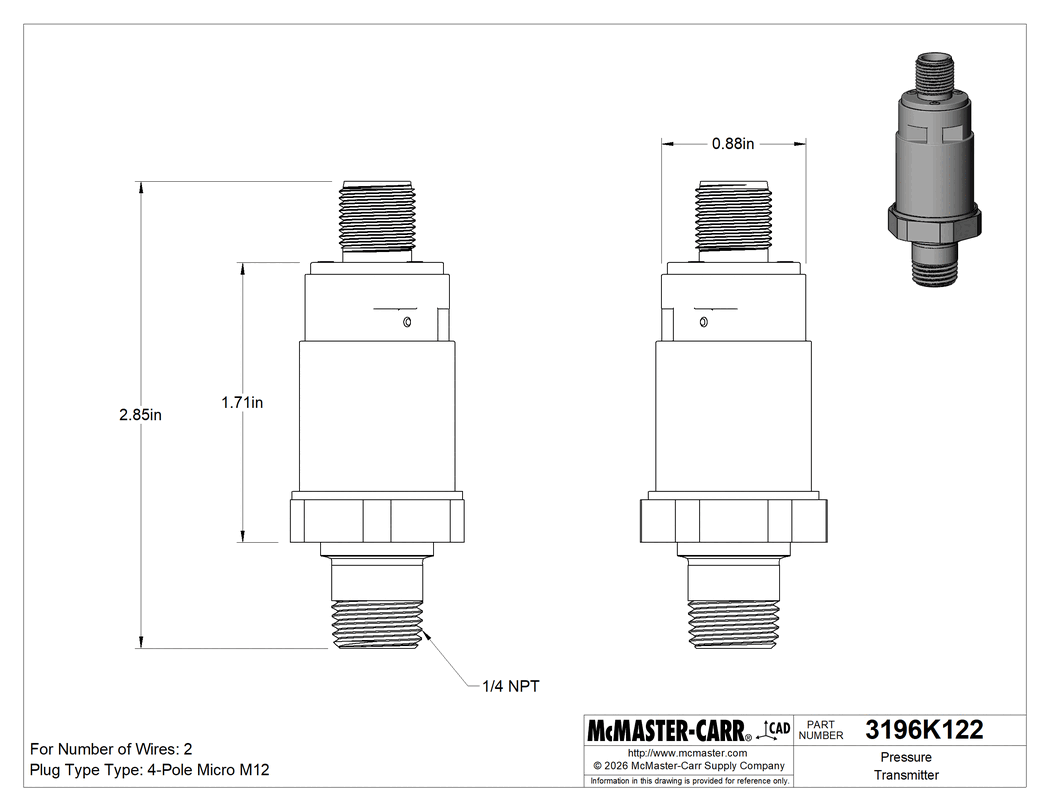 Technical Drawing of Pressure Transmitter, 4-20mA Output, 4-Pole Micro M12 Plug, 0-50 PSI.